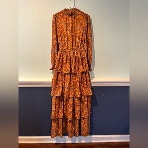 Femi Women’s Long Sleeve Mustard Tie Belt Paisley Tiered Dress NEW, Size Small